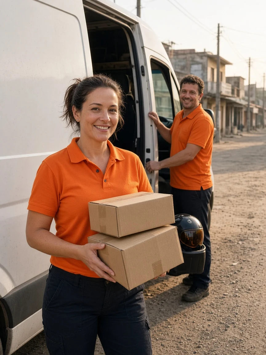 A woman in an orange polo holding parcels beside a van