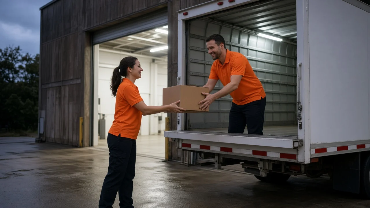 A woman and a man in orange polos loading a carton onto a truck