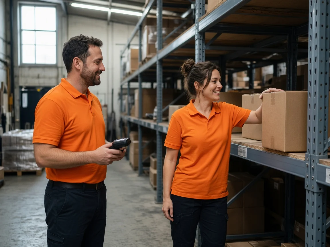 A man and a woman in orange polos taking a carton from warehouse racking